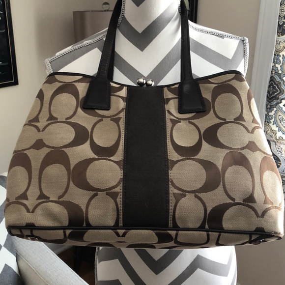 Coach Signature Striped Framed Carryall Satchel - Picture 2 of 13